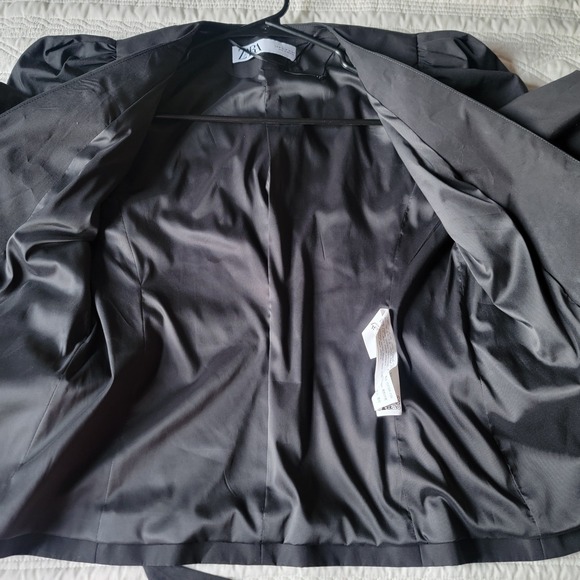 NWOT Zara Black Cotton Poplin Puff Sleeve Self-Tie Bow V-Neck Top Jacket Medium - Picture 12 of 14